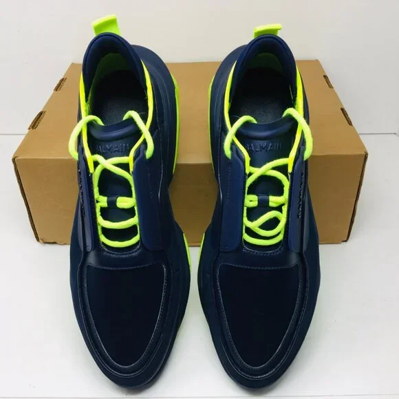 Balmain B Bold Low Top Suede/Leather Sneaker Bleu Marine/Fluorescent Yellow 12 M